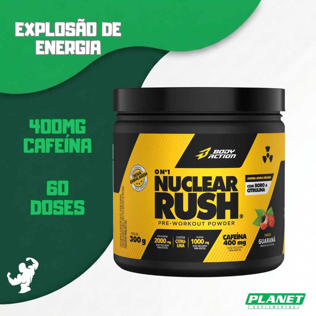 Nuclear Rush 300g Bodyaction Pré Treino Cafeína Energia Foco Força Resistência Desempenho Original