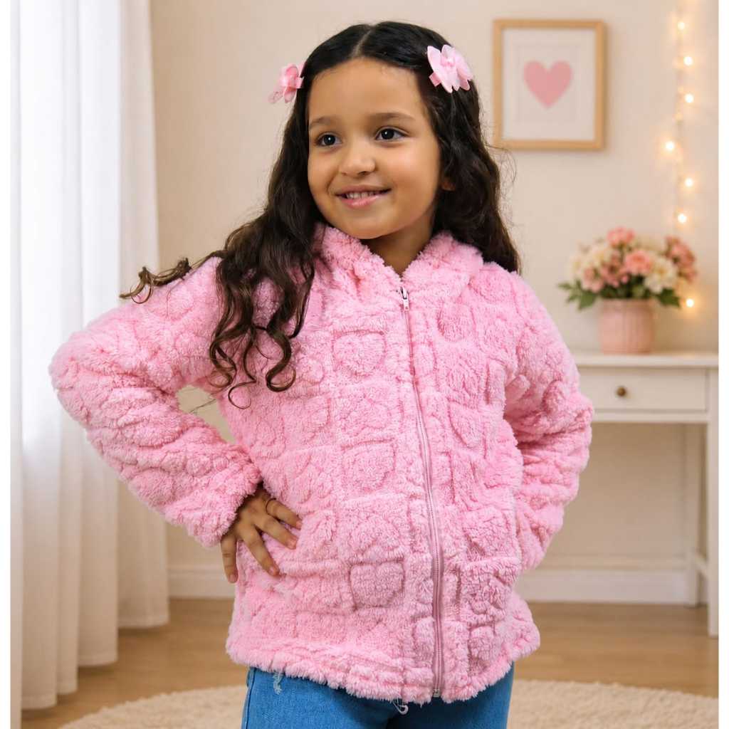 Casaco Infantil Menina Teddy Peluciada Rosa com Capuz Feminina  – Super Quentinha e Confortável