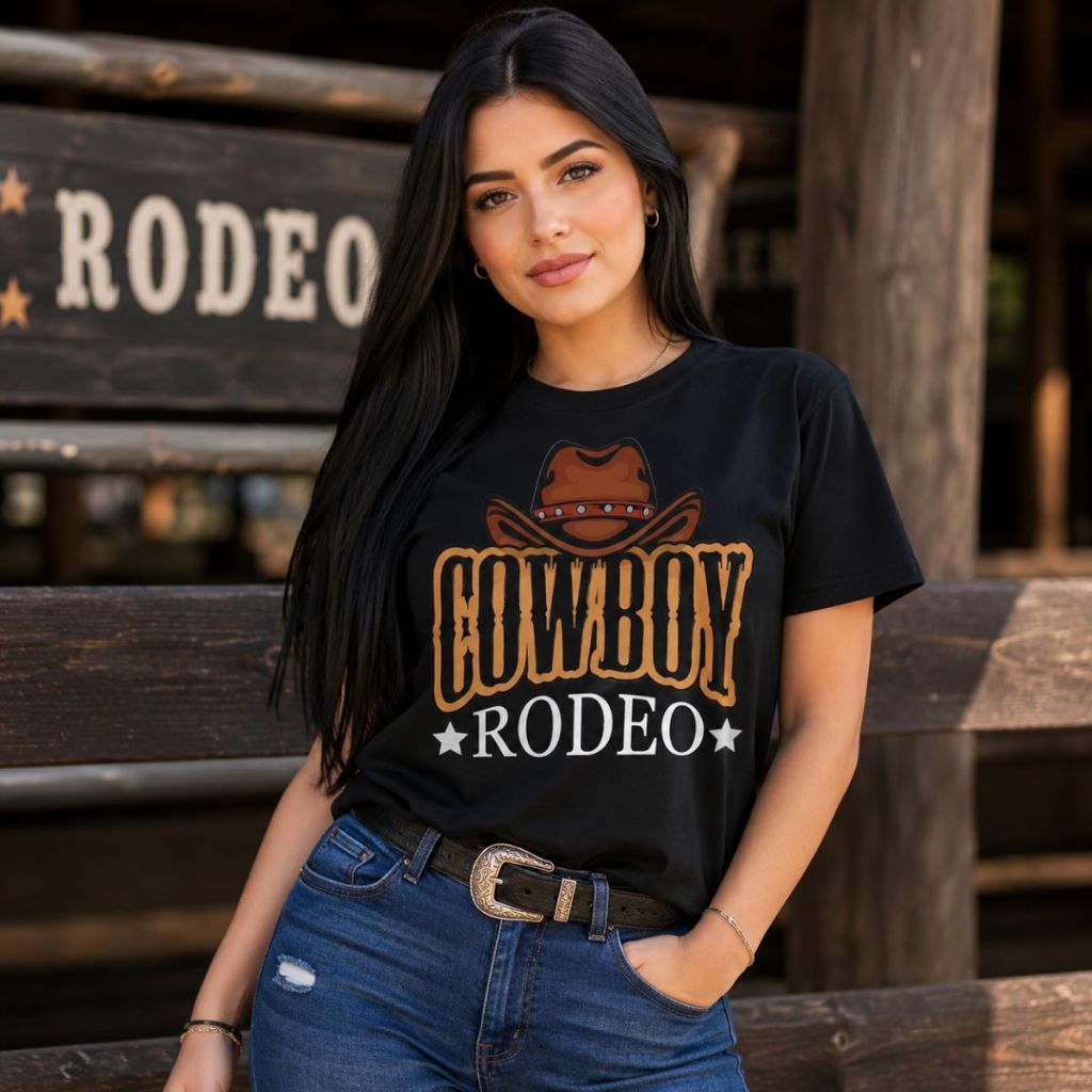 Camiseta Feminina Rodeio 100% Algodão Estampada Rodeio Country Look T-shirt Roça Agro Rodeio Cowboy Envio Imediato
