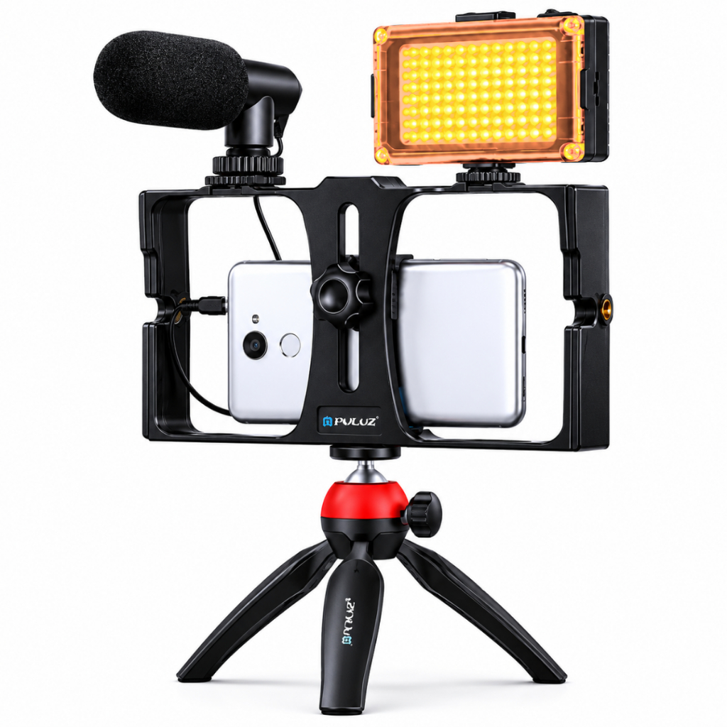 Kit Youtuber Estabilizador Celular Microfone Luz Tripé De Vídeo Para Smartphone 4 em 1 Vlog