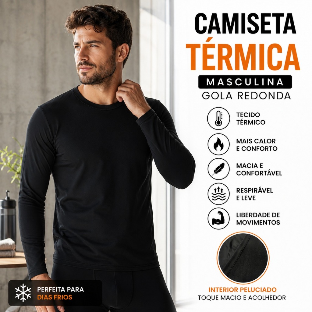 Blusa Peluciada Térmica Segunda Pele Masculina Camiseta Básica Gola Redonda Inverno Frio Viagem