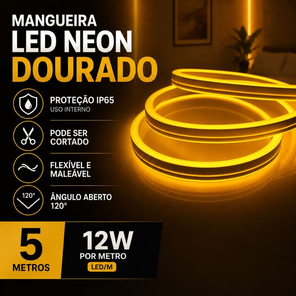 Mangueira LED Neon Dourado 5 Metros 12V Flexível Decorativa Com ou Sem Fonte para Quarto Sala Setup