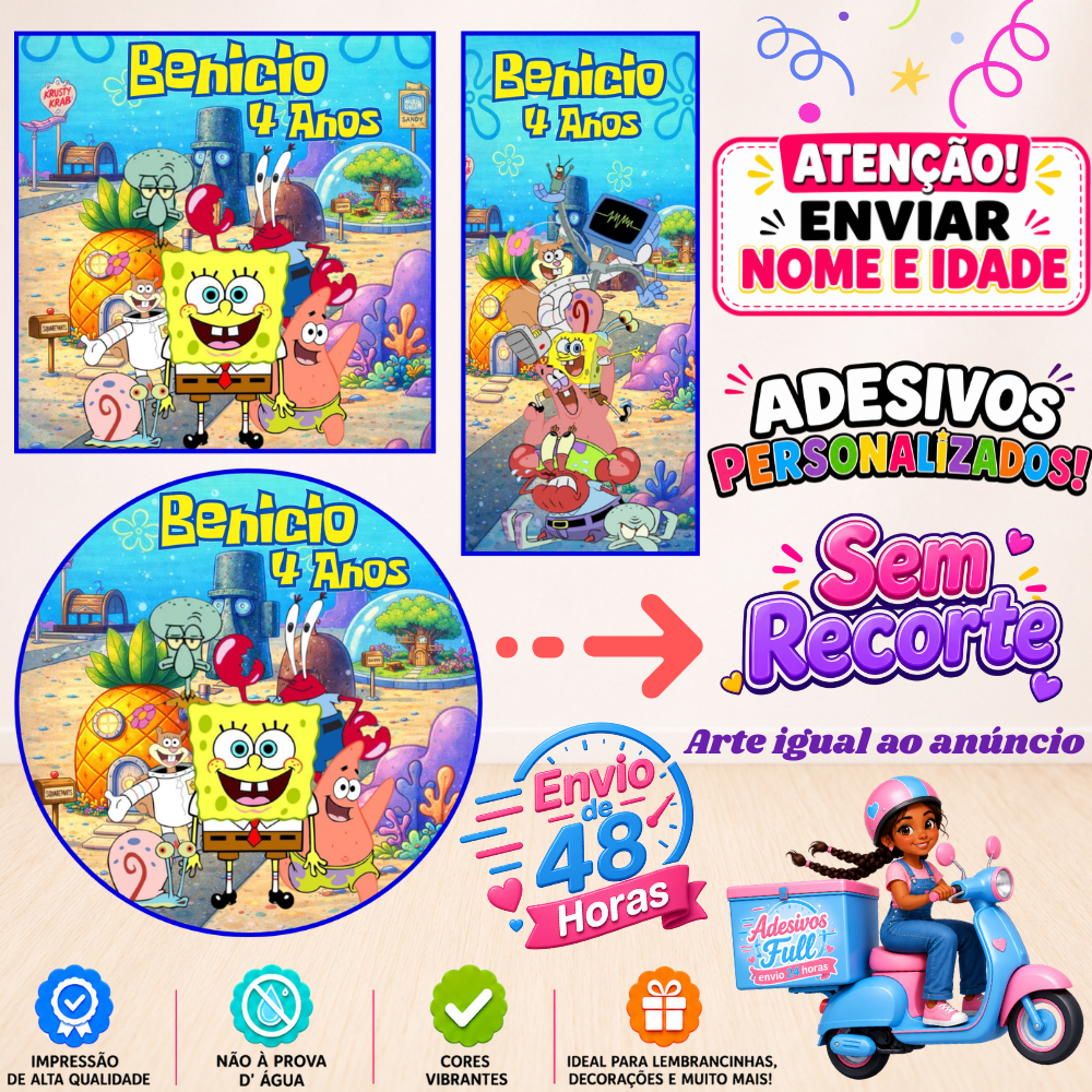 Bob Esponja - 100/60/40 Adesivos Personalizados Lembrancinhas Festa Aniversário