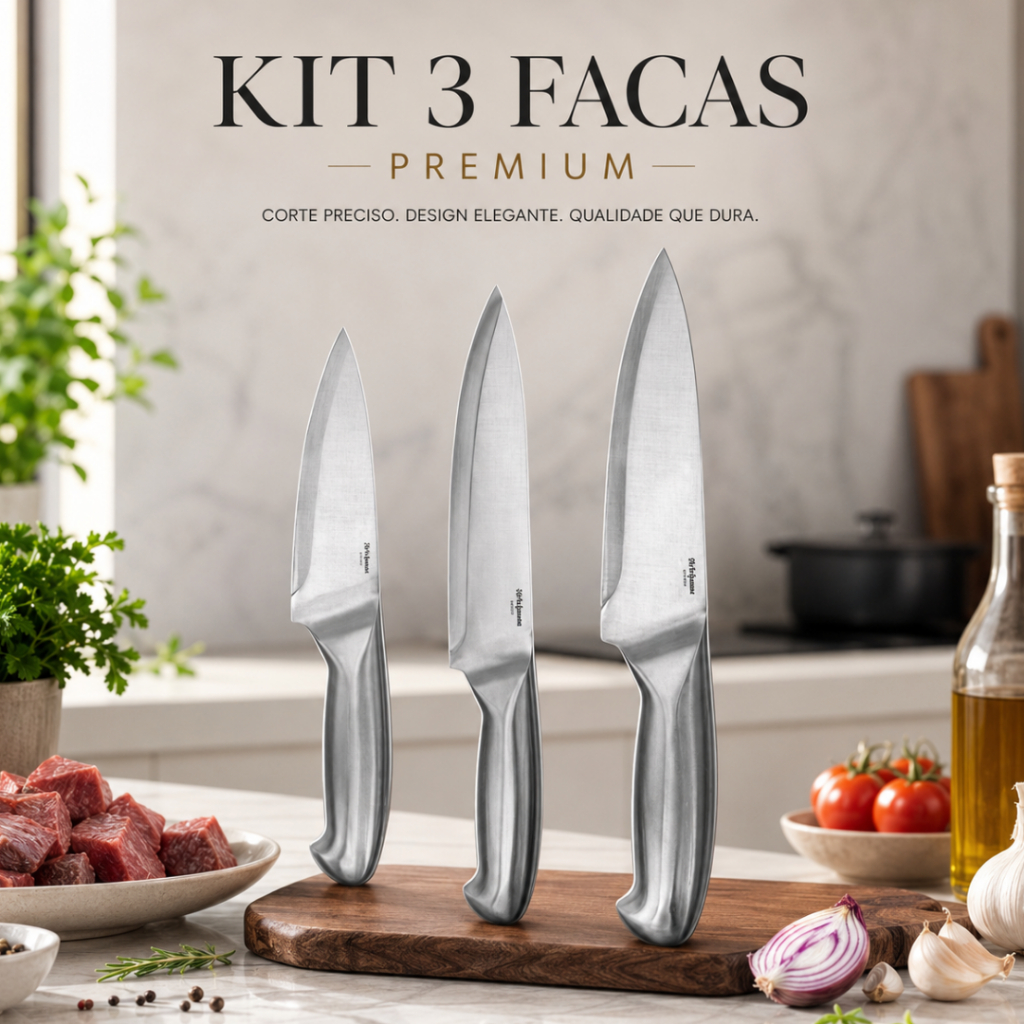 Jogo De Facas 3 Peças Aço Inox Inteiriço Corte Afiado