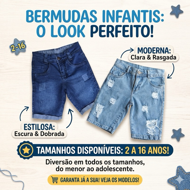 Bermuda jeans menino infantil adolescente regulador interno bolso masculino