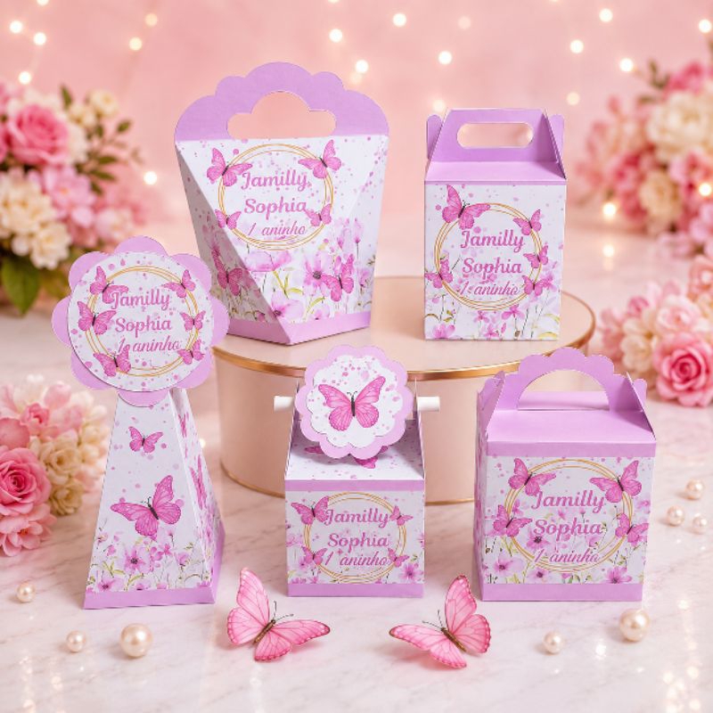 KIT PEGUE E MONTE - Kit festa Jardim das Borboletas Rosa Caixas Personalizada LEMBRANCINHAS Jardim Encantado Borboleta