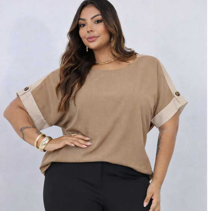 Blusa Feminina Viscolinho com Detalhe em Linho e botão Casual Confortável G1 ao G3 Elegante