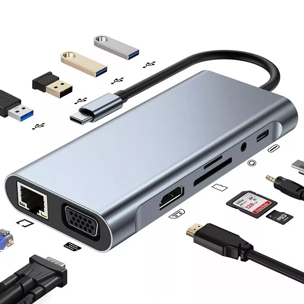 Hub USB C 11 em 1 Dock Tipo C Adaptador HDMI VGA RJ45 Rede Leitor SD TF PD 100W Áudio 3.5mm Notebook