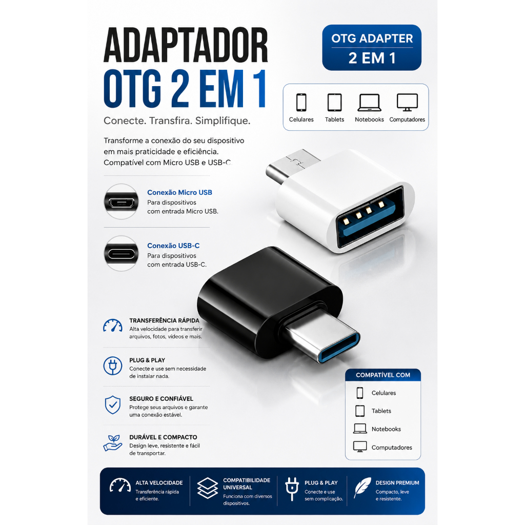 Adaptador OTG Usb Femea Para tipoC Macho ou Micro USB V8  Android e IOS