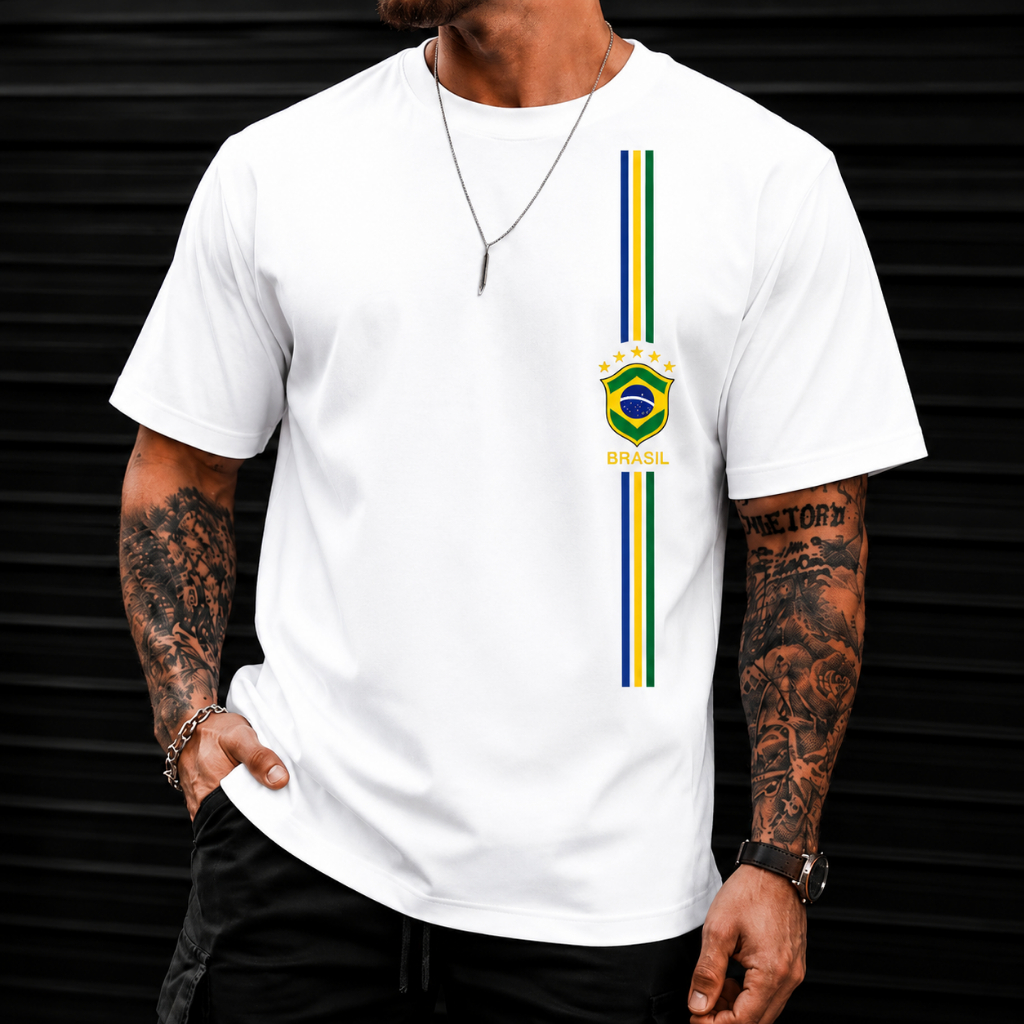 Camiseta Masculina Brasil Ano Novo Natal 100%Algodão Fio 30.1 Verão Camisa Confortável Premium Gola Redonda Copa Mundo