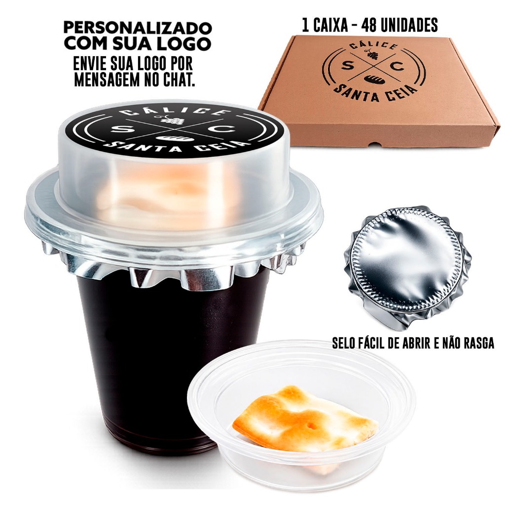 Kit Cálice de Santa Ceia PERSONALIZADO Pronto com Suco de Uva integral e Pão Ázimo 48 Unidades