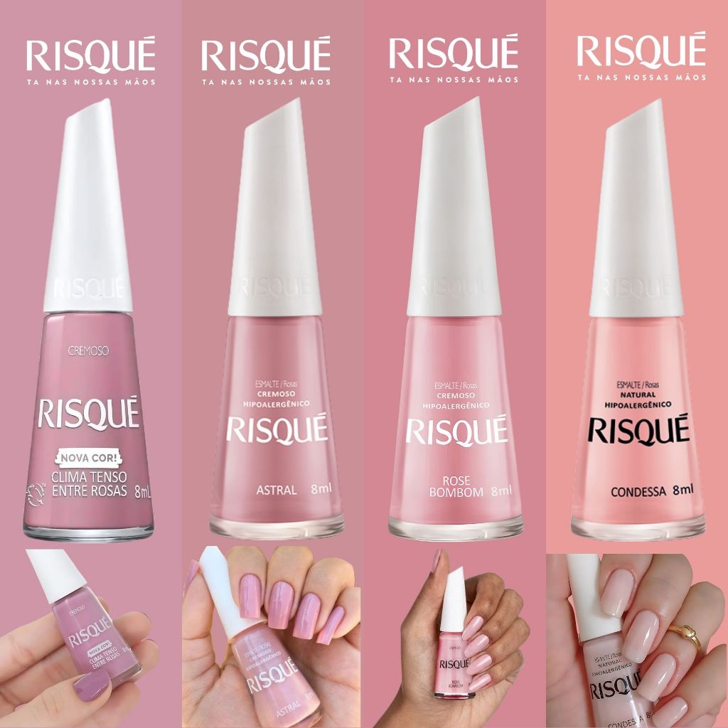 Kit 4 Esmaltes Risqué Tons Rosa Alta Cobertura Unhas Delicadas Românticas