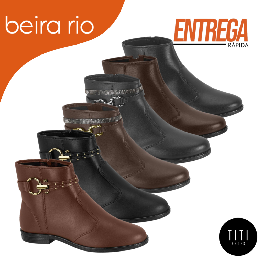 Bota Feminina Beira Rio Cano Curto Sem Salto Corrente Dourada Conforto Original Inverno