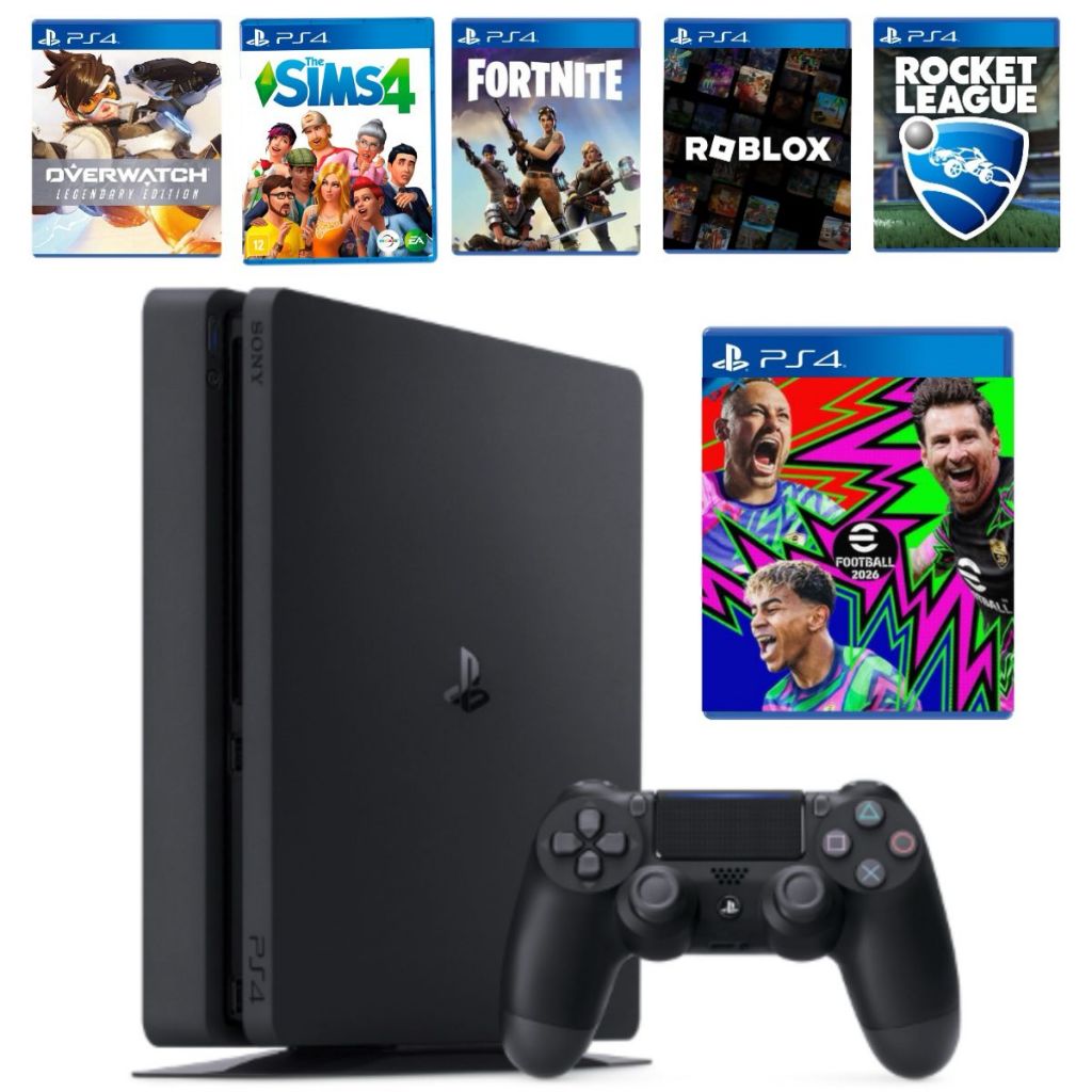 Console Playstation 4 Ps4 Slim 500gb Cor Preto 1 Controle 6 Jogos Digitais