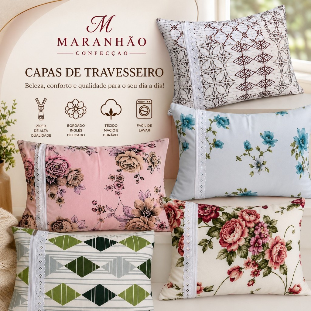 Kit 6 Capas de Travesseiro 50x70 Com Zíper Bordado Inglês Floral Geométrica Tecido Macio Premium