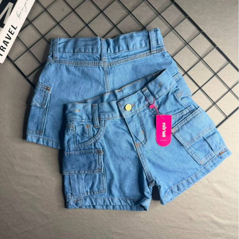 Short Jeans Menina Cargo Juvenil Com Bolso