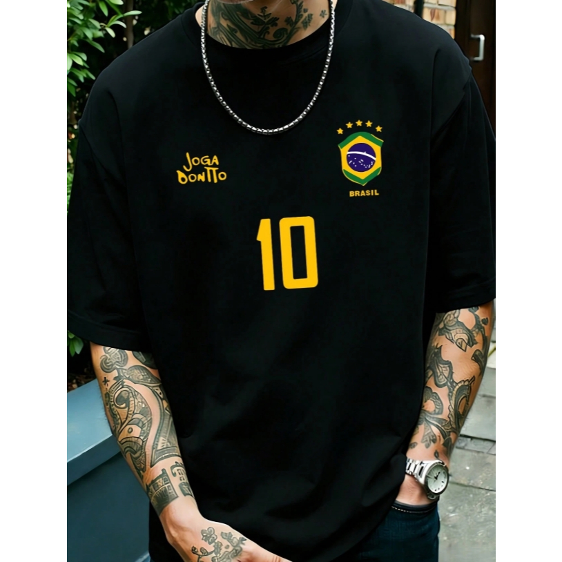 Camiseta Gráfica Masculina, Camisa de Futebol Retrô do Brasil - Lendário Número 10, Camisa de Futebol Casual