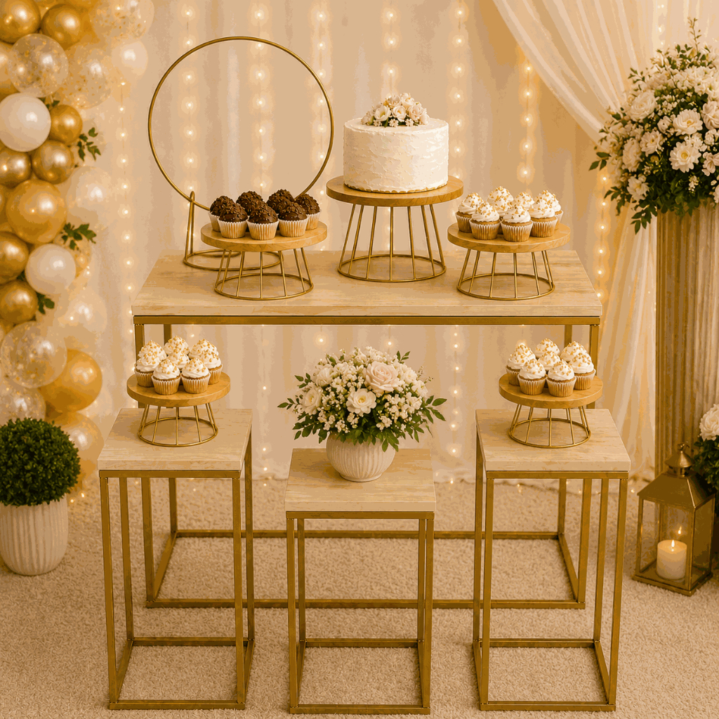 Kit Decoração Organizador Festa Provençal Luxo Completo Mesa Cubo 5 Boleiras Arco Redondo Decorativo
