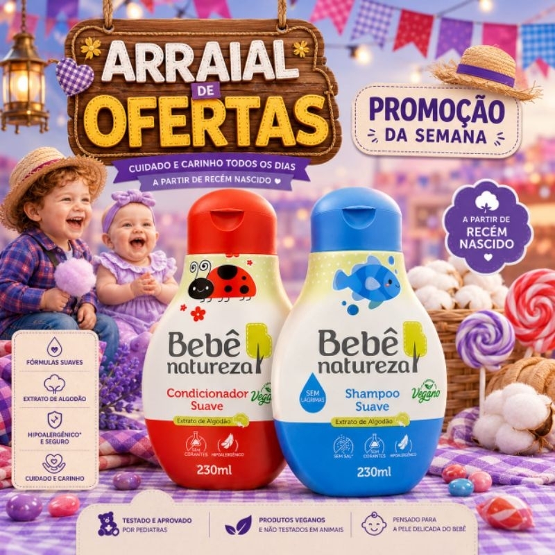 kit Shampoo Condicionador Bebê Natureza Cabelos Lisos Ondulados Hidratação Suave Cheiroso Infantil Crianças