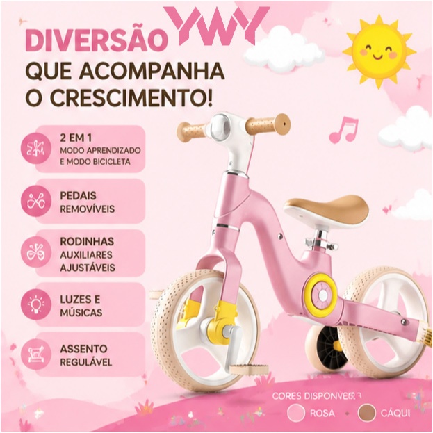 Bicicleta Infantil 2 em 1 com Pedais Removíveis Luzes Música Rodas Auxiliares Rosa Cáqui P24