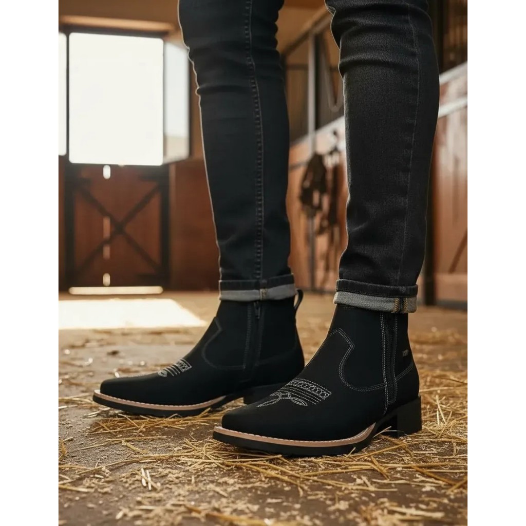 Botina Feminina Couro Bovino Zebu Nobuck Preto 71030 Country Premium Bota Elegante