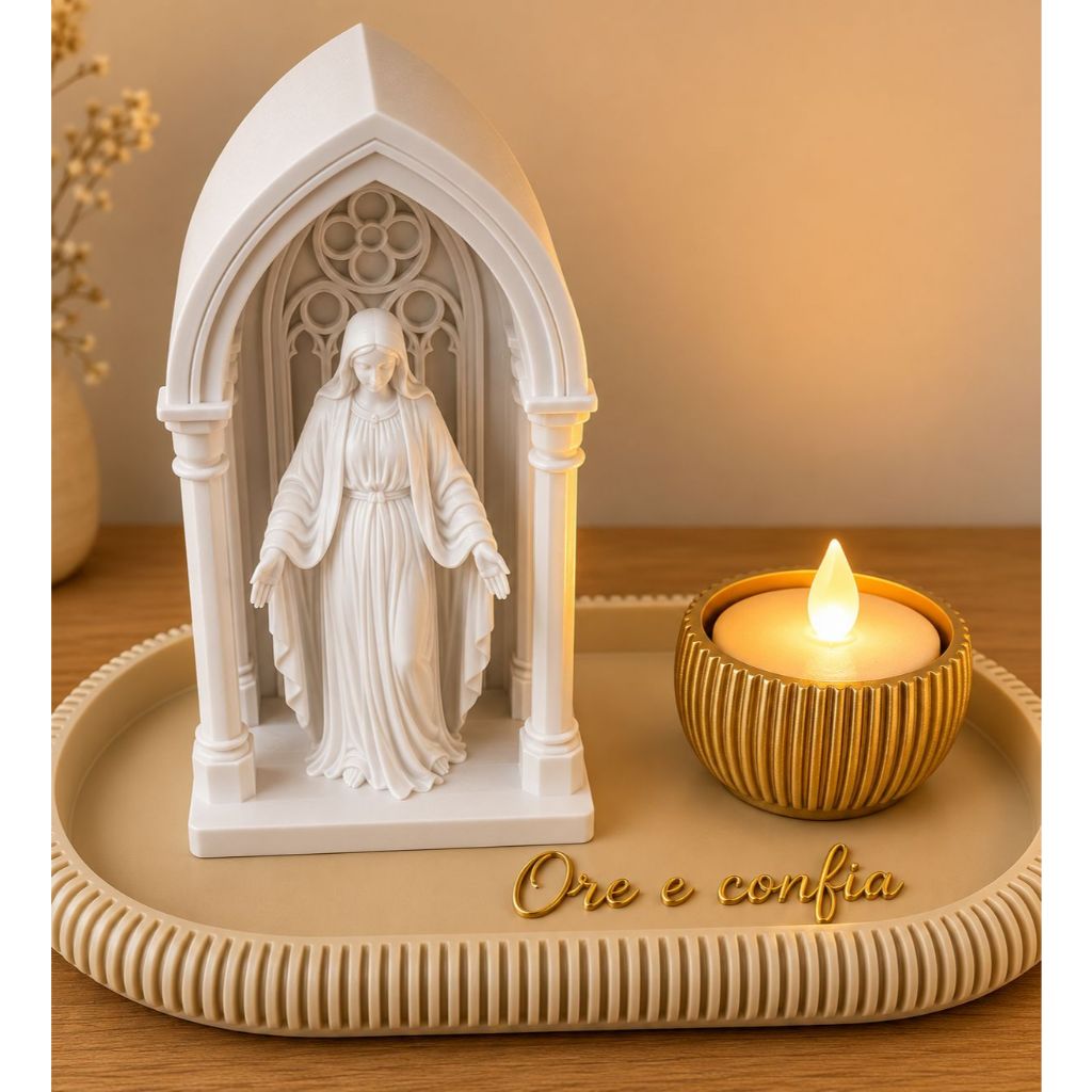 Kit Nossa Senhora Decorativa com Porta-Vela e Bandeja | Cantinho de Oração | Decoração Religiosa em Impressão 3D