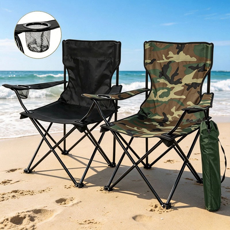🔥Cadeira de Camping Dobrável com Suporte de Copo Bolsa de Transporte Resiste Até 120Kg para Pesca e Praia