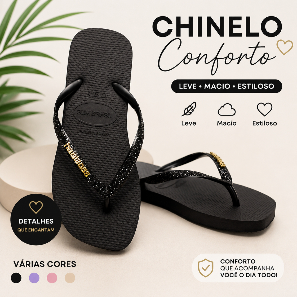 Chinelo de Dedo Feminino com Glitter nas Tiras – Ultra Leve, Macio, Confortável e Moda Tendência