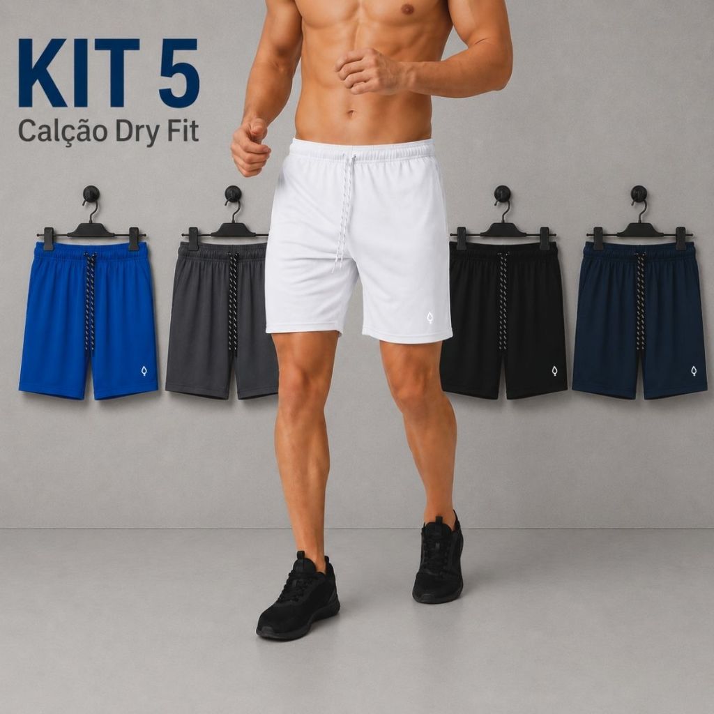 Kit 5 Calção Masculino Dry Futebol Academia Caminhada Com Bolso Preto