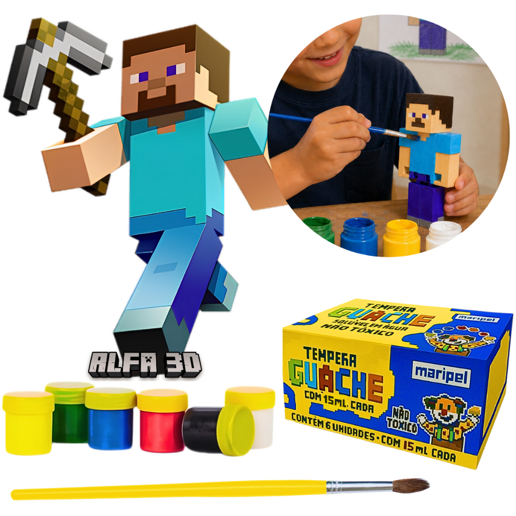 Boneco Steve Minecraft Para Colorir Pintar Com 6 Tintas Para Criancas Brinquedo de Pintura Infantil Educativa