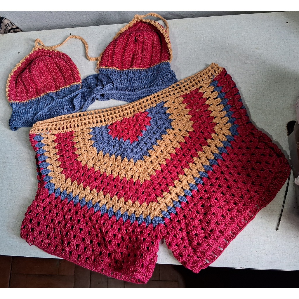 Cropped e Short de Crochê Colorido A PRONTA ENTREGA Blogueira Feito a Mão Conjunto Moda Verão