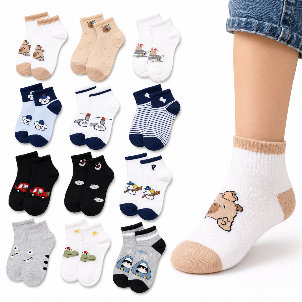 Kit 12 Pares Meias Infantis Menino Estampadas 4 a 6 Anos Algodão Macias Confortáveis Sortidas