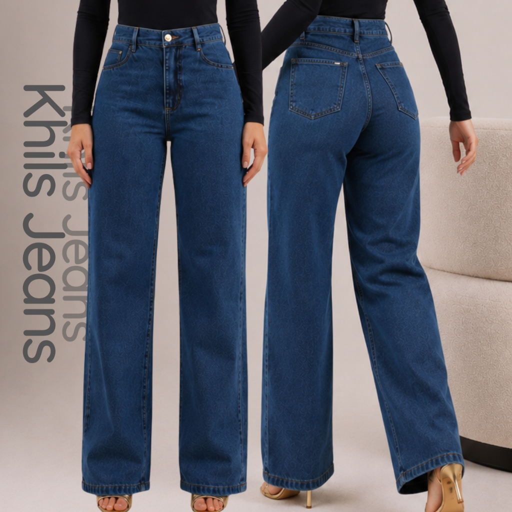 Calça jeans feminina wide leg 100% algodão confortável