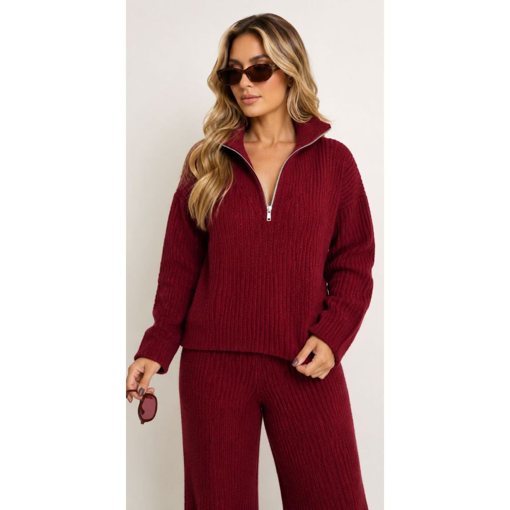 Conjunto Feminino Trico Mousse Blusa Com Ziper Manga Longa Liso Inverno Quentinho Moda Blogueira