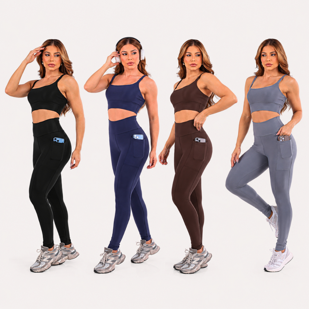 Kit 2 Conjuntos Academia Feminino Top Alcinha Calça Bolso Zero Transparência