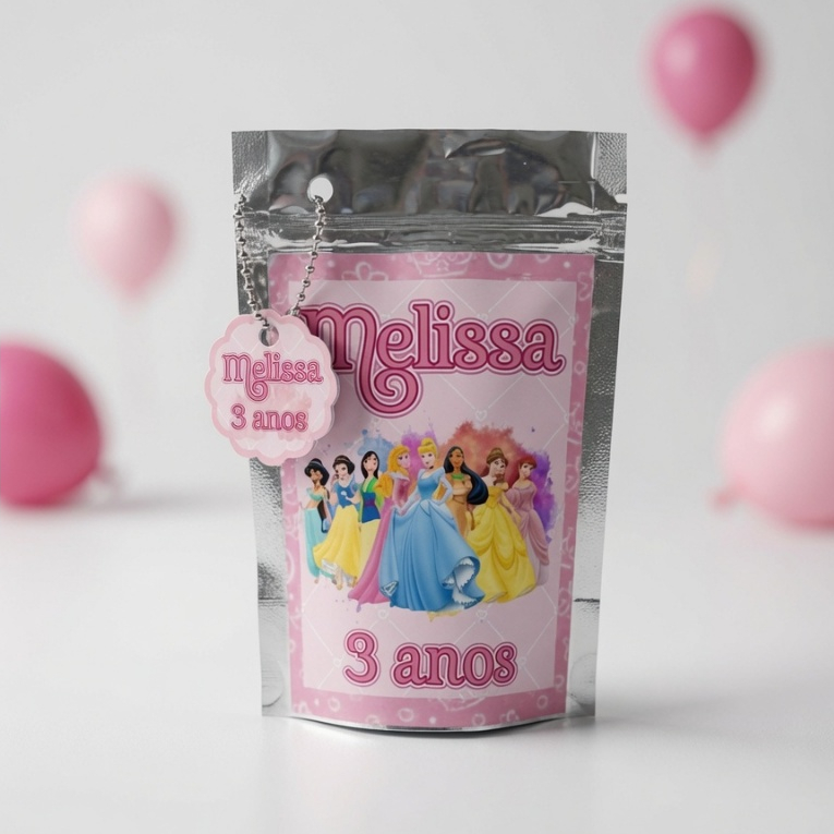 Saquinho Ziplock metalizado Personalizado Princesas /Lembrancinha para Festa /Aniversário