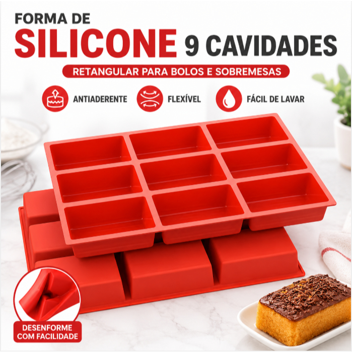 Forma de Silicone 9 Cavidades para Bolo e Brownie, Antiaderente, Forno e Micro-ondas