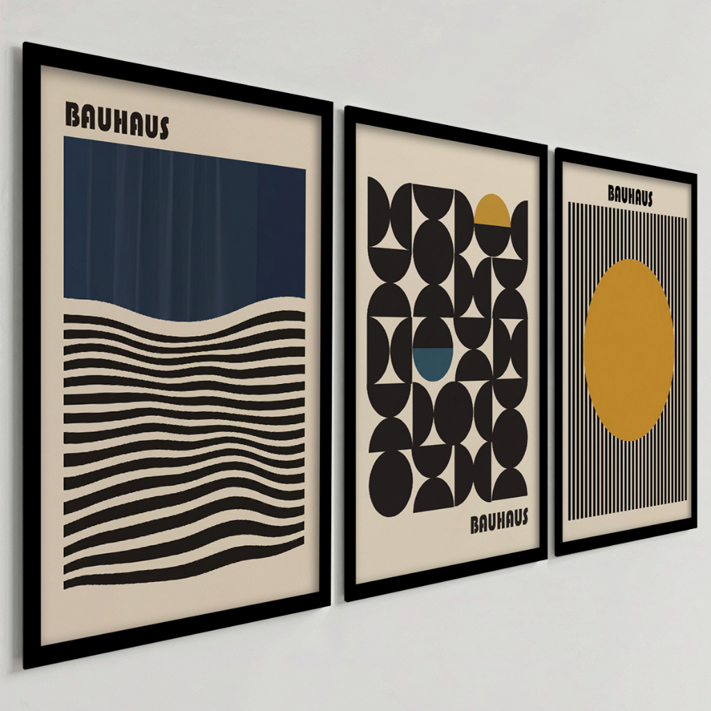 Kit 3 Quadros Decorativos Bauhaus Geométrico Moderno Minimalista Preto Azul e Mostarda