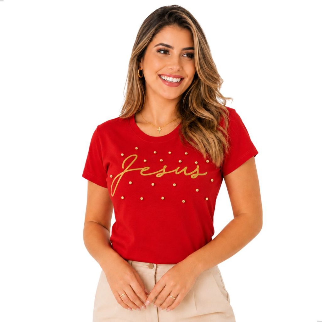 T-SHIRT FEMININA DE ALGODÃO CAMISETA 100% ALGODÃO JESUS COM PÉROLAS - VERMELHO RUBI