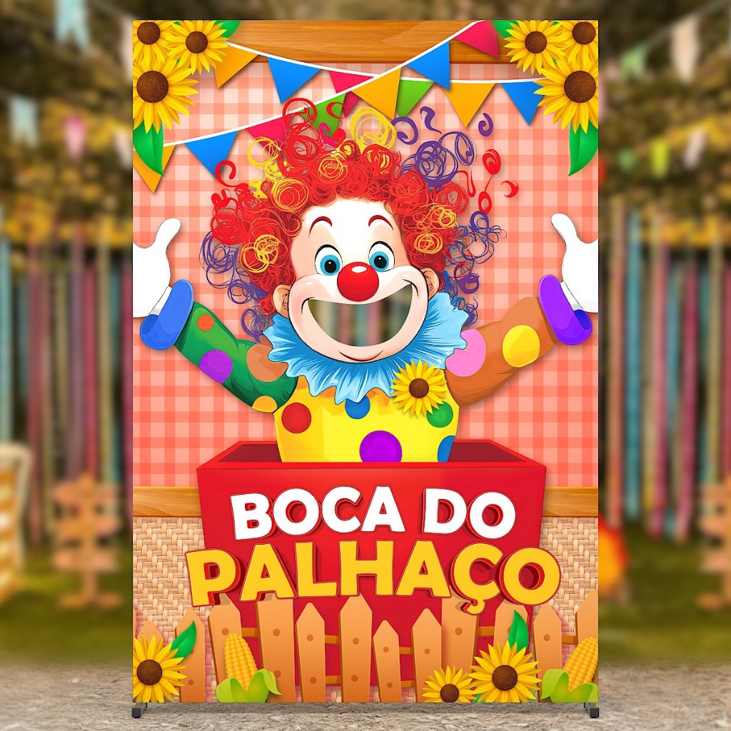Painel Jogo Boca do Palhaço Vazado Interativo Decoração Festa Junina Sublimado 1,50x2,20m