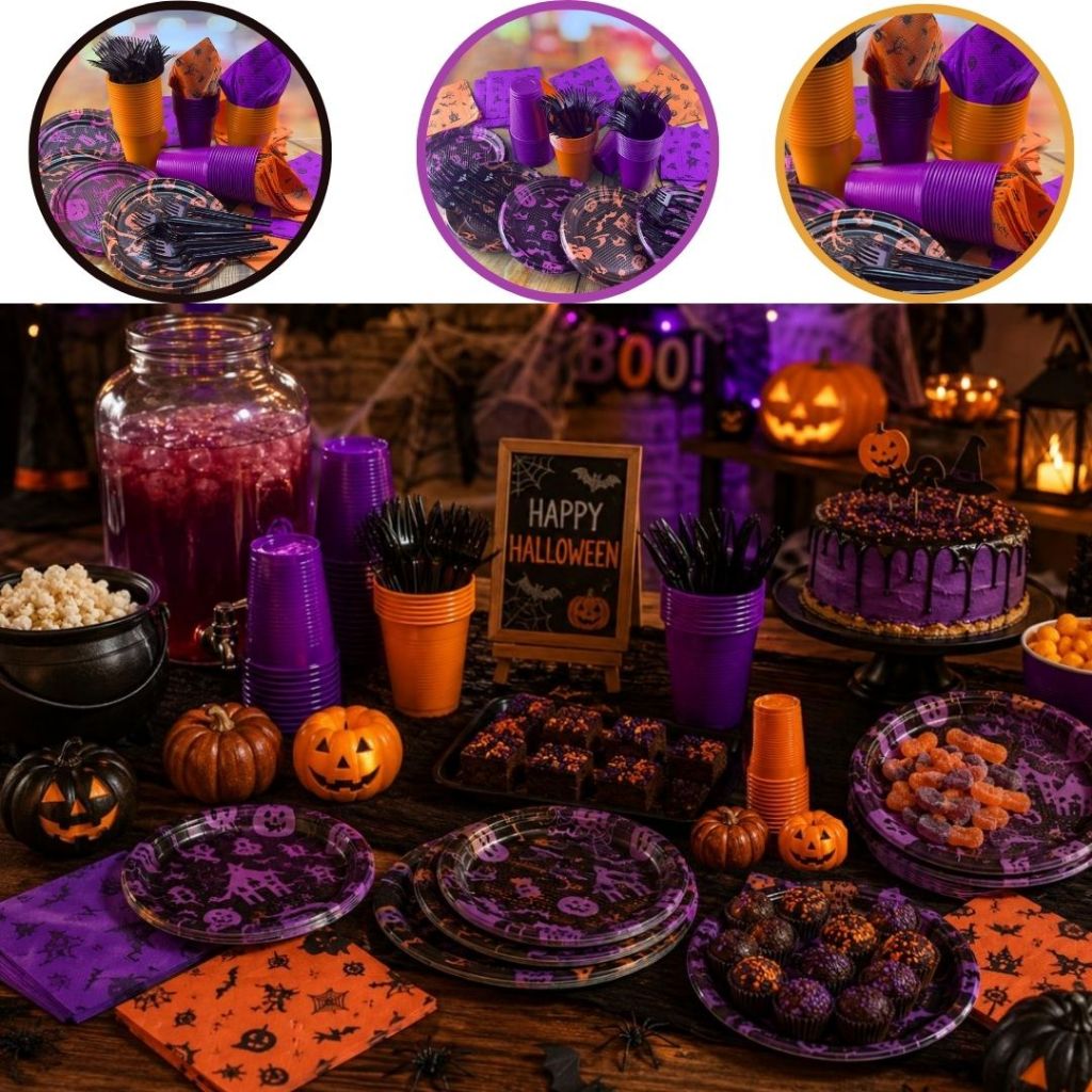 KIT 50-200 FESTA HALLOWEEN PESSOAS PRATO+COPO+GARFO+GUARDANAPO MISTO (CHOCO)
