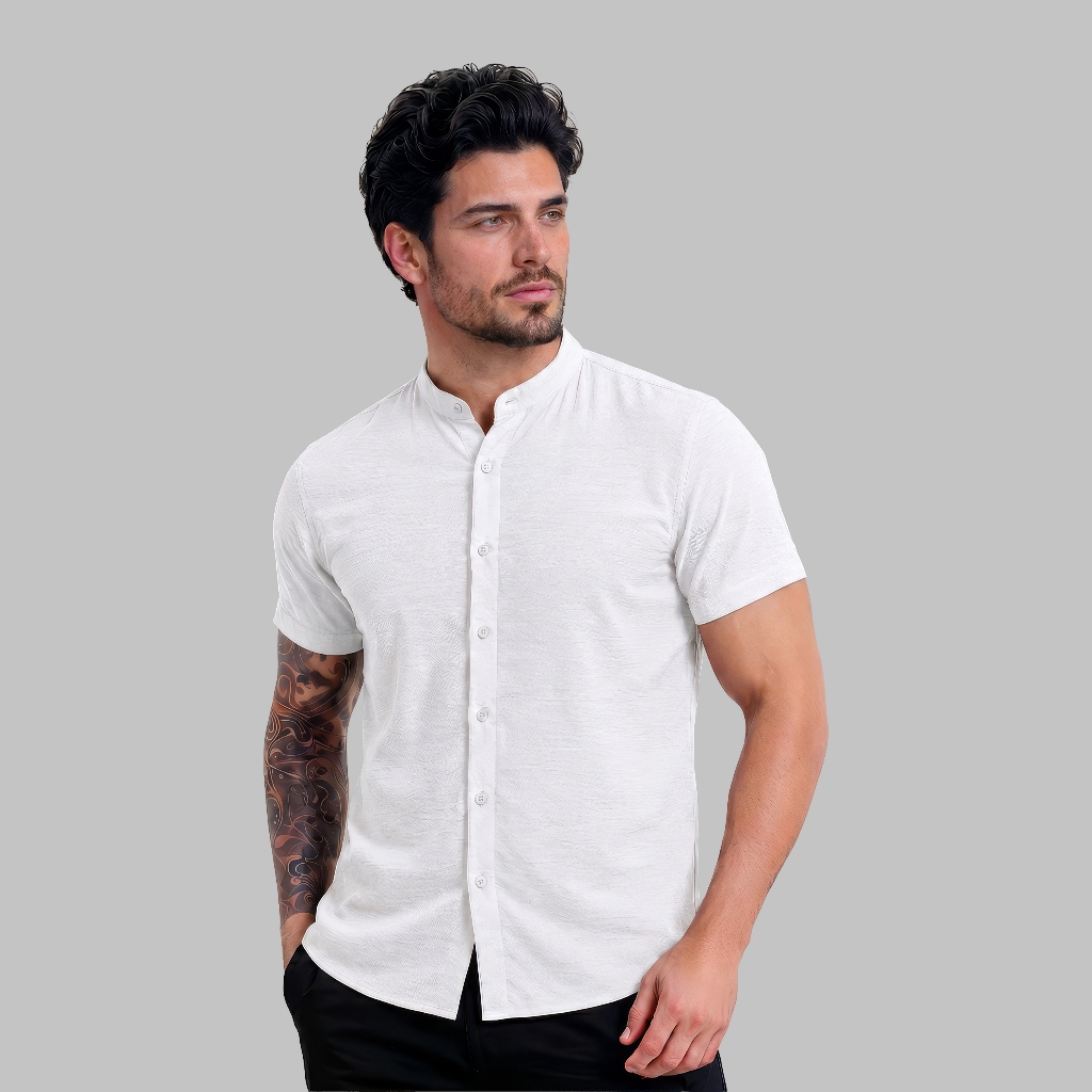 Camisa Gola Padre Social Casual Masculina De Linho Manga Curta Luxo