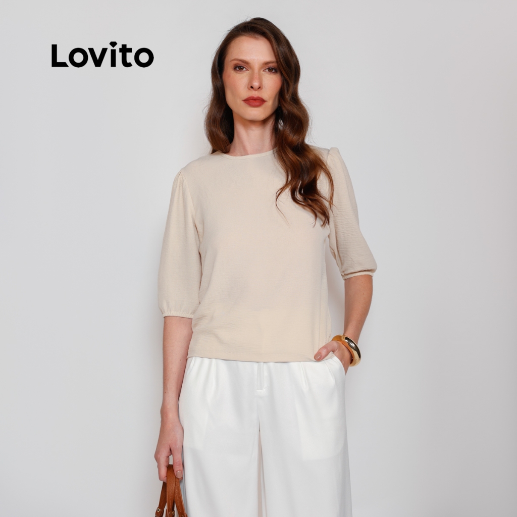 Lovito Blusa Elegante Feminina Manga 3/4 Bufante Tecido Duna BLB17511781