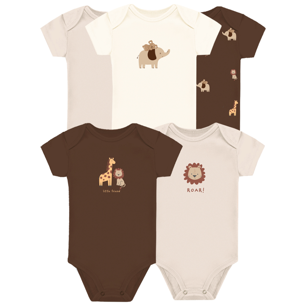 Kit 5 Peças Body Algodão Roupa Infantil Bebê Menino Safari 5 Bodies Manga Longa Minimalista