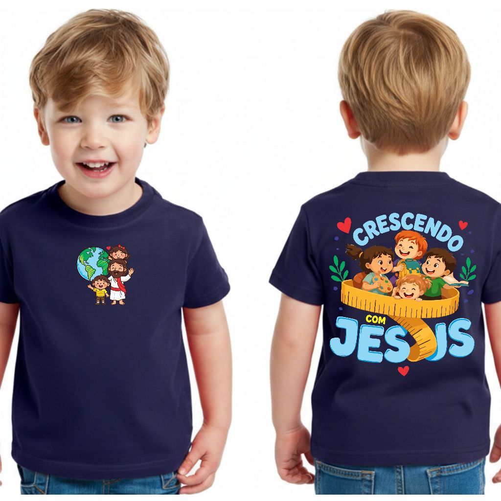 Camiseta Infantil Streetwear Malha 100% Algodão Camisa Juvenil Estiloso Desenho Crescendo com Jesus