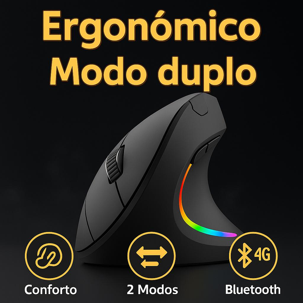Mouse Vertical Sem Fio Recarregável 2.4GHz + Bluetooth, Ergonômico e Silencioso com LED e 2400 DPI (4 Níveis)