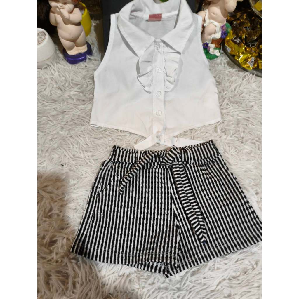 Conjunto Infantil Feminino, (Camisete Regata Branca + Shorts Malha Listrado), Tam: 2, Marca: Bauerbauer1977