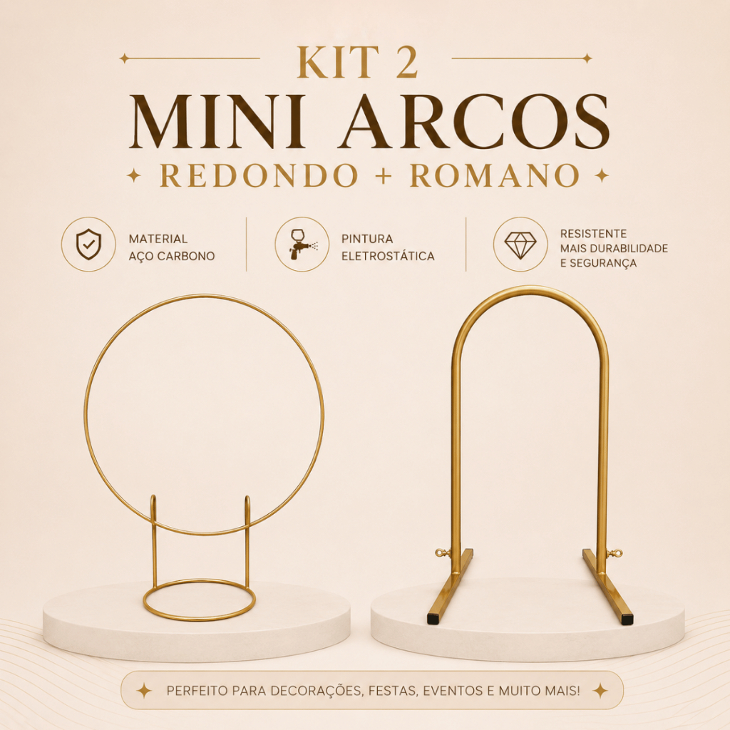 Kit 2 Mini Arcos Dourados Decorativos Estilo Romano e Redondo 50x50 Mesa Festa Aniversário e Eventos