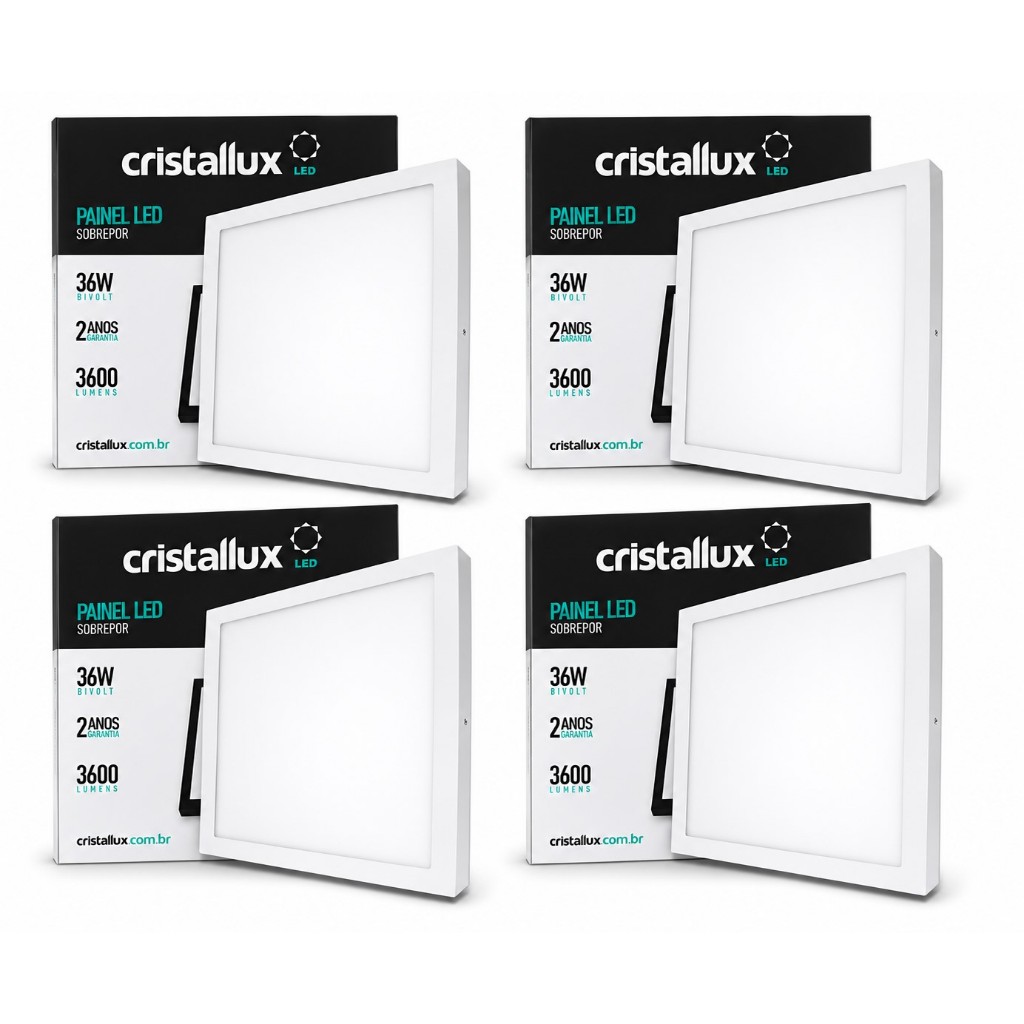 Kit 4 Painéis LED Sobrepor 36W 40x40 Quadrado 6500K Branco Frio Cristallux