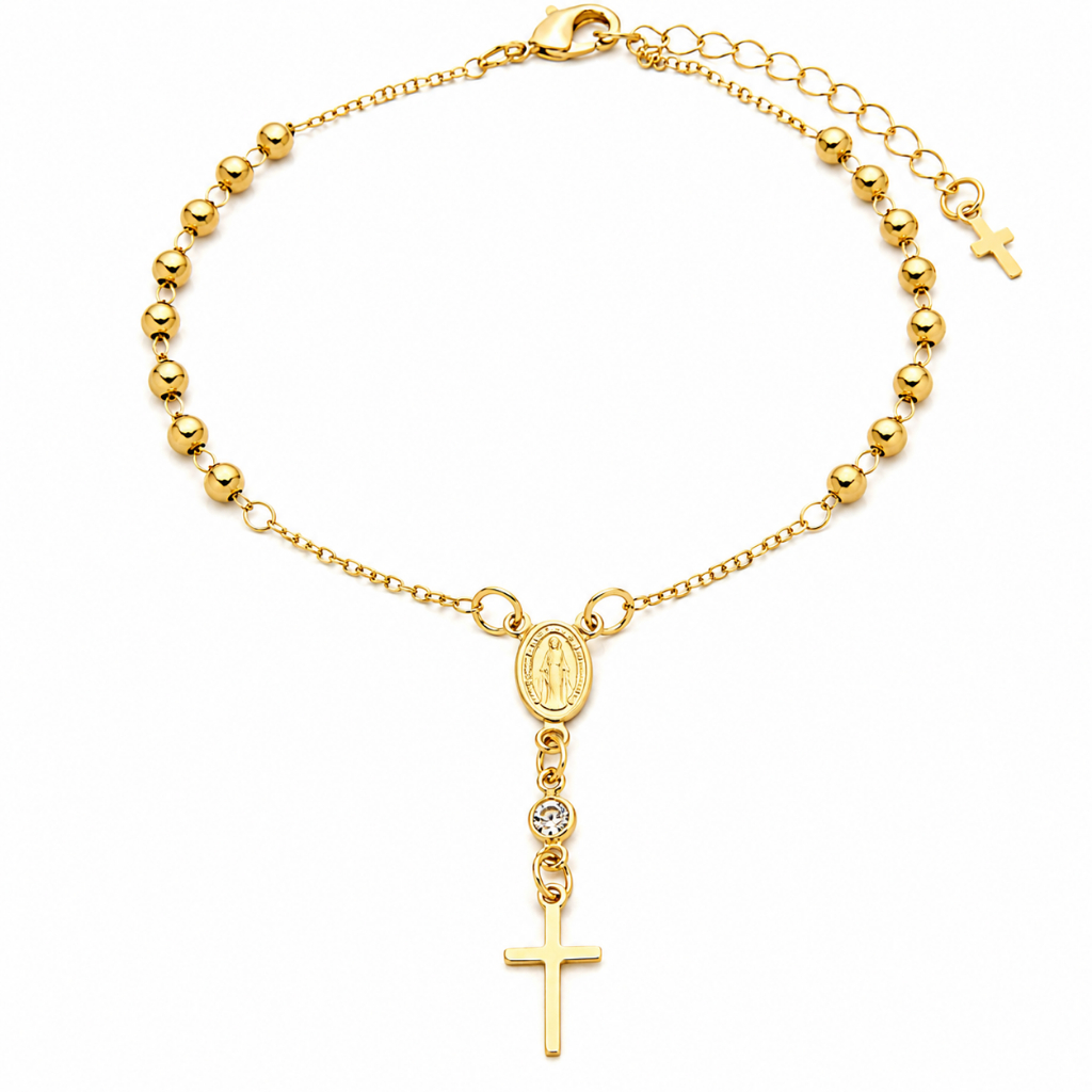 Pulseira de Terço Cruz e Pedras Zircônias Semi Joias Banhado Ouro 18k Presente Religioso Aniversario